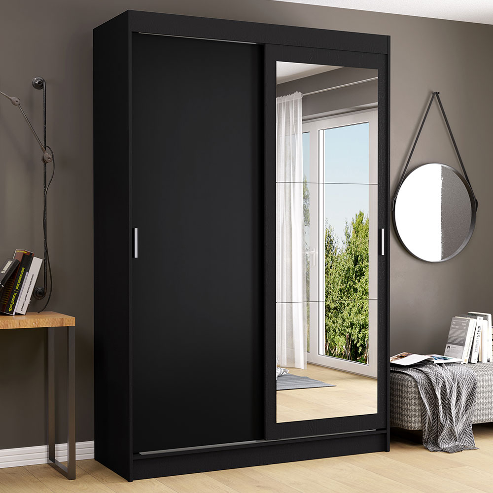 Guarda-Roupa Solteiro Tokio Madesa 2 Portas de Correr com Espelho 2 Gavetas - Preto