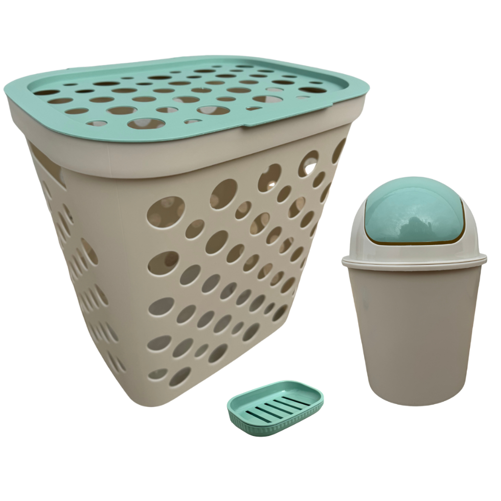 Kit Cesto de Roupa 30L, Lixeira 3L e Saboneteira com Escorredor Para Bebês Linha Baby Safari Verde em Oferta na Shopee
