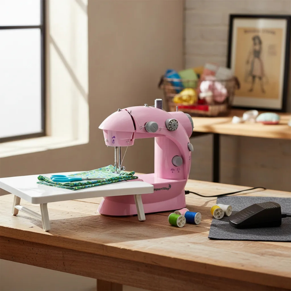 Máquina de Costura Portátil com Mesa, Kit com Linhas e Agulhas, Pedal Incluído, Rosa em Oferta na Shopee