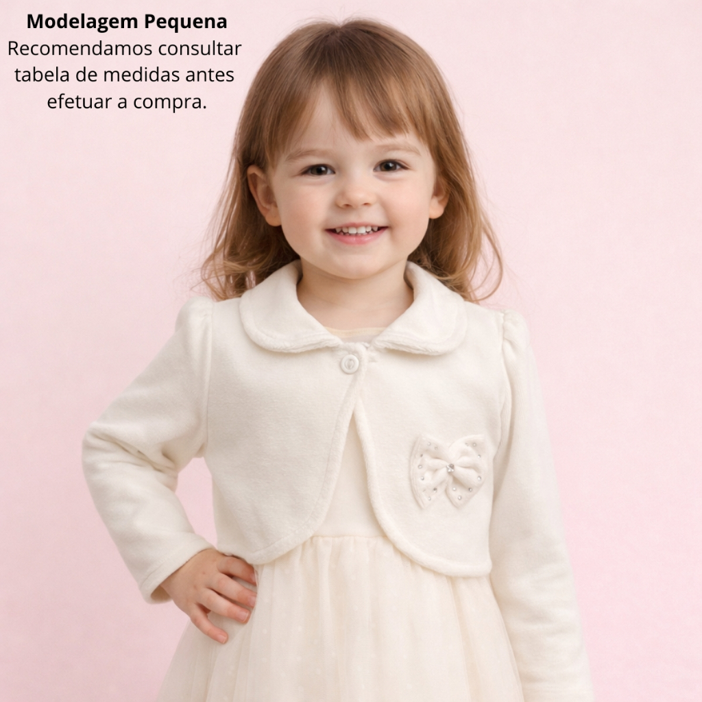 Bolero Casaco Infantil Inverno Off White Bege Plush Festa Casamento