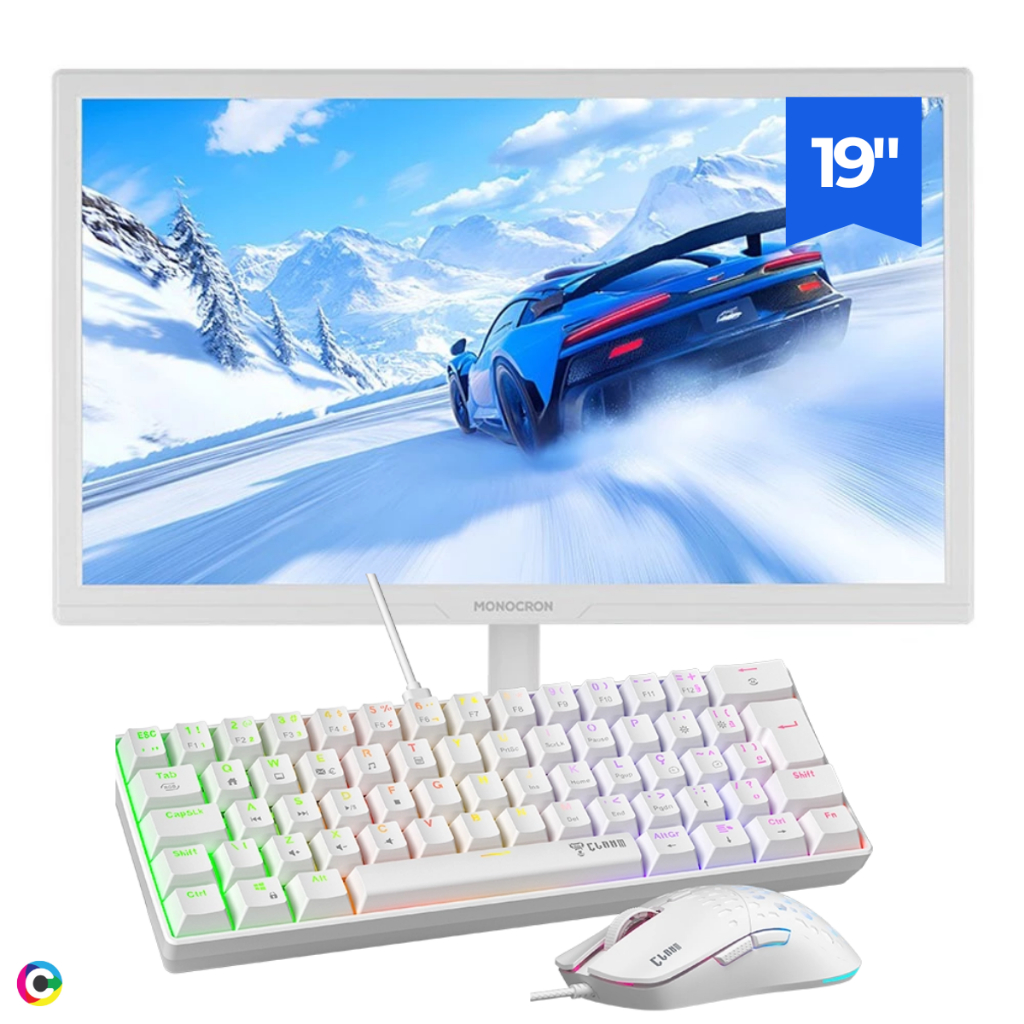 Kit Gamer Monitor 19" Teclado Mecânico LED Mouse Gamer Branco 7.200 DPI RGB Rainbow