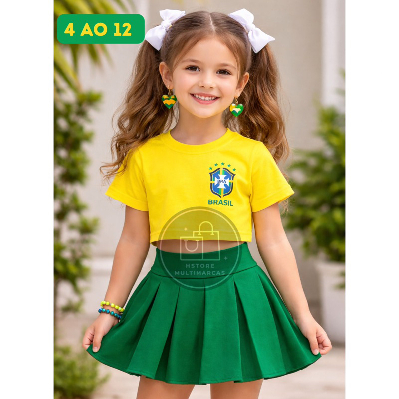 Conjunto do Brasil Infantil Menina 4 ao 12 / Com Shortsaia e Cropped ou Tshirt / Camisa do Brasil Infantil Menina em Oferta na Shopee