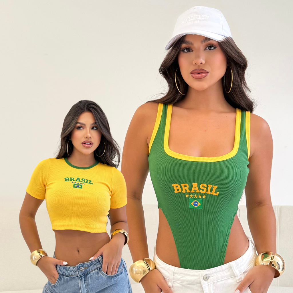 Kit Feminino Cropped + Body Cavado Brasil Manga Curta Copa do Mundo 2026 Verão