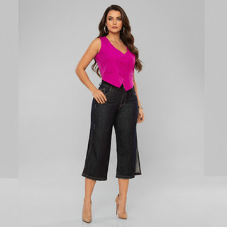 Calça Jeans Pantacourt Feminina Pantalona Sem Fenda Com Elastano Cos Alto Confortável Calor Viagem