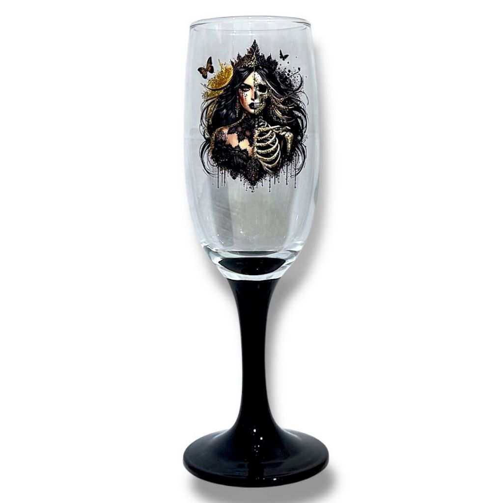 Taça Pomba Gira Rosa Caveira Preto E Dourado Vidro 180ml Preto