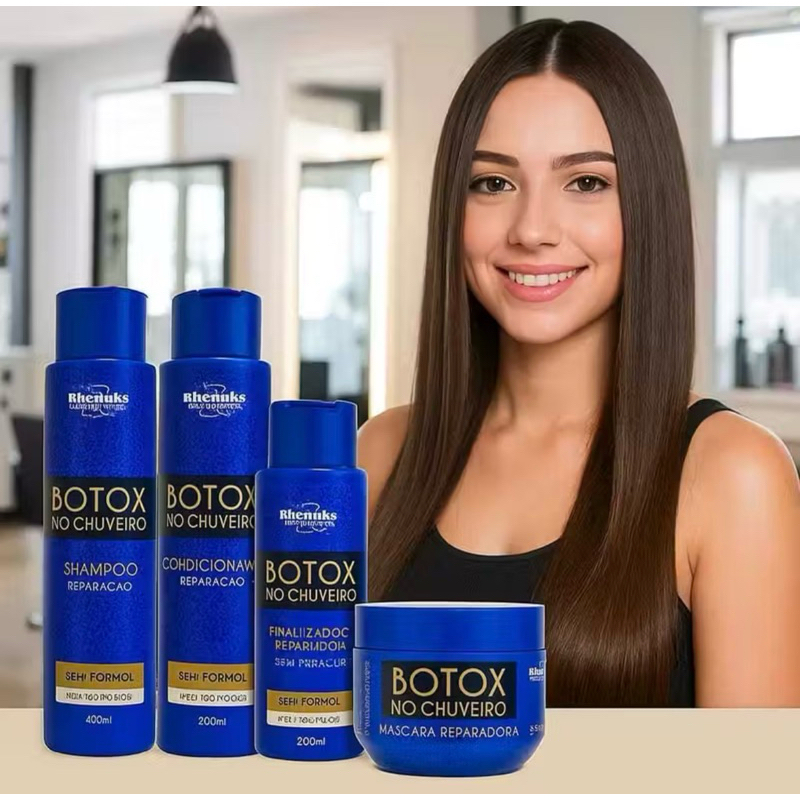 Kit Capilar Botox no Chuveiro sem Formol - 4 Itens Cabelo Liso Reparação Frizz Reconstrução Rhenuks