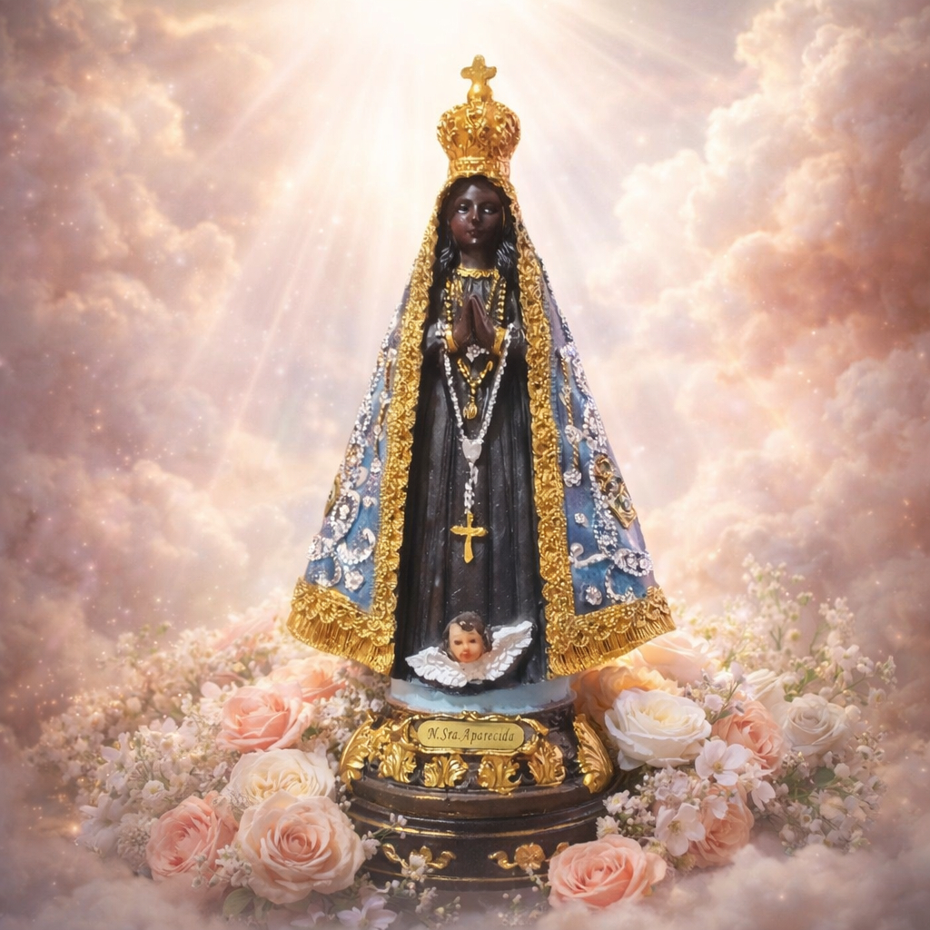 Imagem Escultura de Nossa Senhora Aparecida 15cm Resina Importada detalhes em Dourada Pintura a Mão