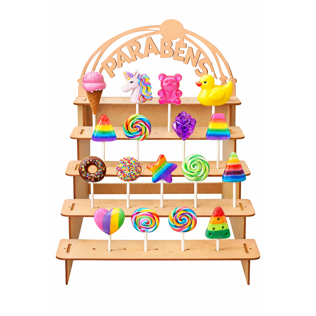 Suporte Porta Pirulito em Escadinha MDF – Piruliteiro para Festa, Mesa de Doces Decorativa Decorativa e Funcional