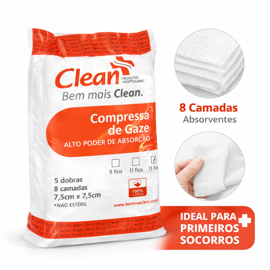 Compressa de Gaze Hidrófila 13 Fios 100g Clean Não Estéril Limpeza Curativo em Oferta na Shopee