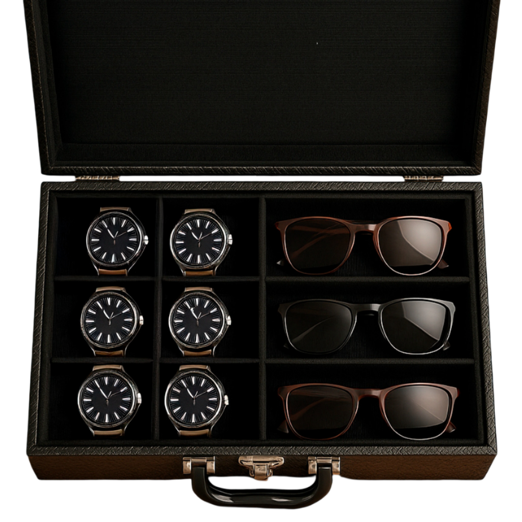 Caixa Maleta Estojo Preto Para Guardar Relógios Porta 6 Relógio E 3 Óculos
