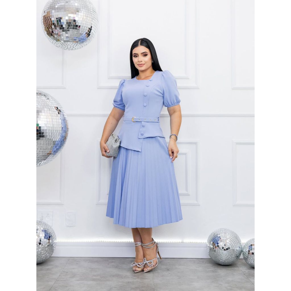 Vestido Evangélico Midi Plissado Malha Crepe com Cinto Botões Elegante Moda Cristã Feminina Premium