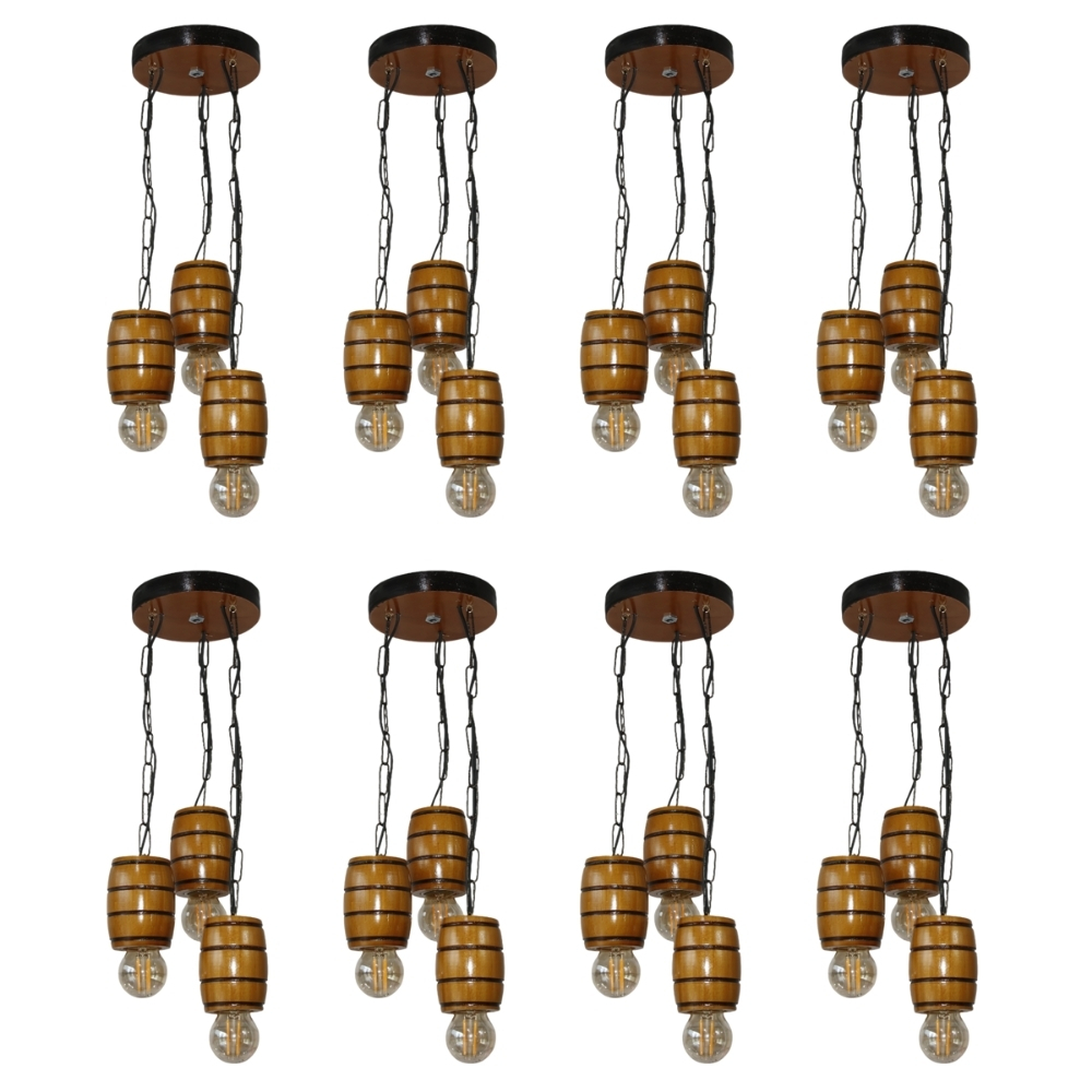 Kit 8 Luminária Pendente Lustre Rústico Vintage Colonial em Madeira Maciça Modelo Barril - Cerejeira