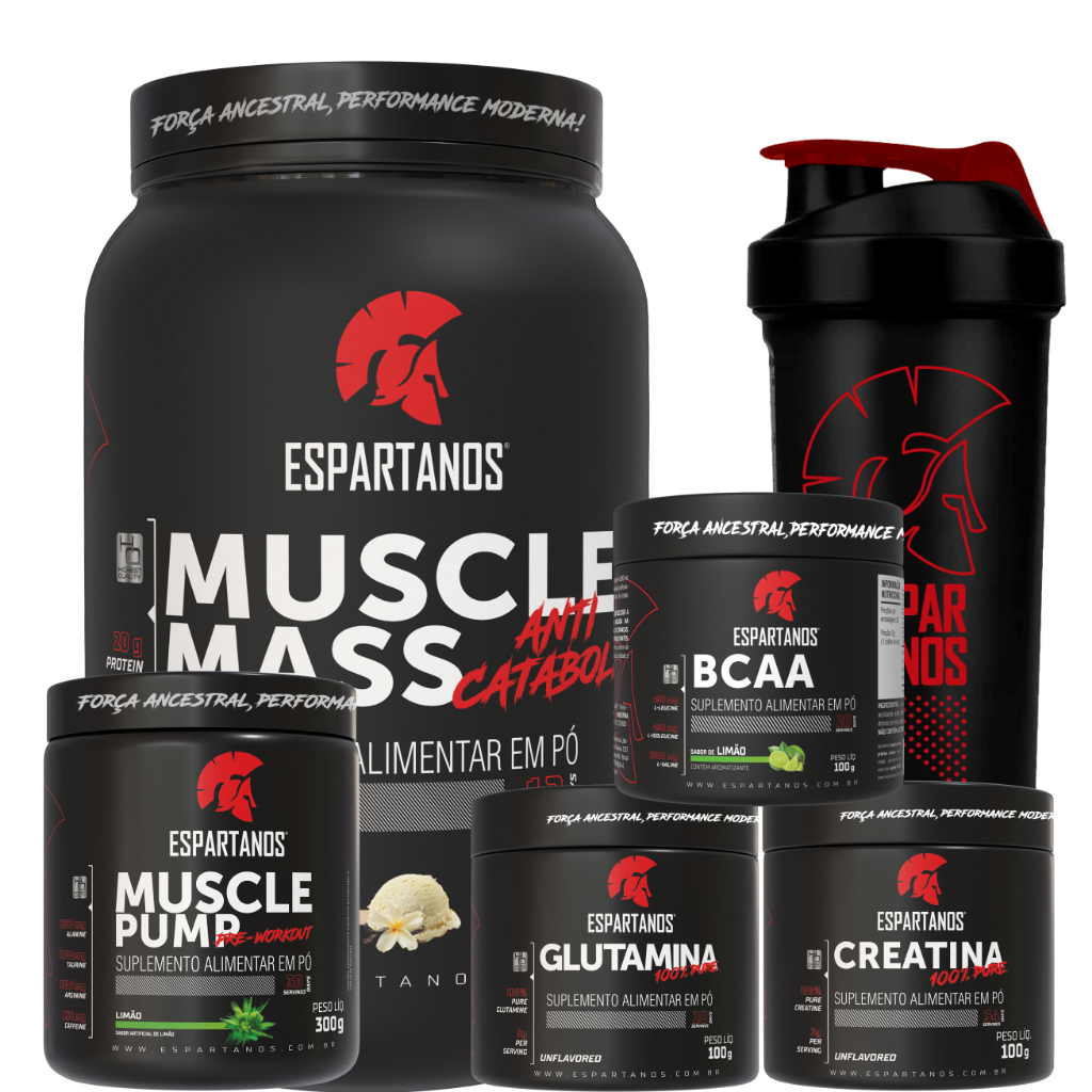 Kit Muscle Mass 1,8kg + BCAA + Creatina + Glutamina + Pré Treino