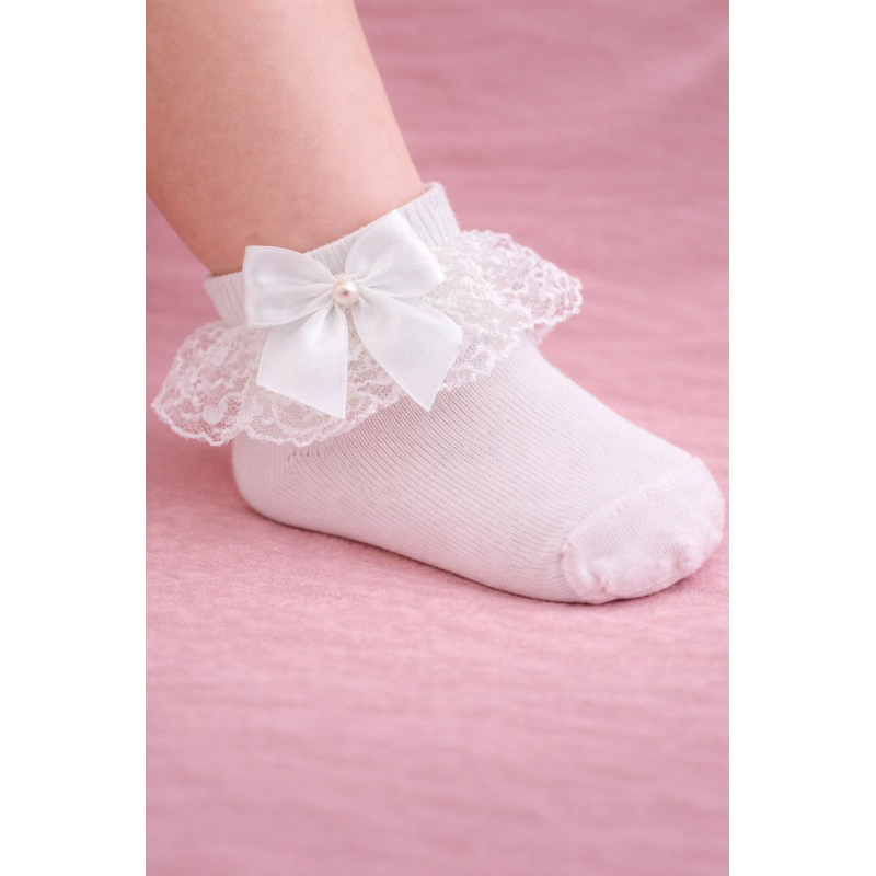 Meia infantil renda e laço grande cano médio bebê social batizado festa menina luxo elegante em Oferta na Shopee