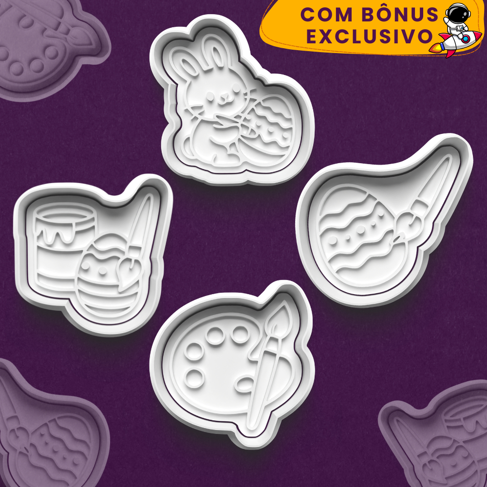 Kit Cortador de Biscoitos Ovos da Páscoa Pintados Coelho Pintor + Ebook de Receitas - 3D Verso