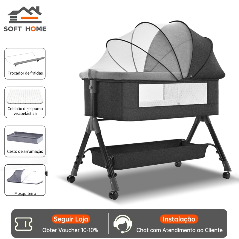 SOFTHOME Berço Multifuncional Dobrável para Bebê - Com Mosquiteiro, Trocador de Fraldas e Colchão Viscoelástico