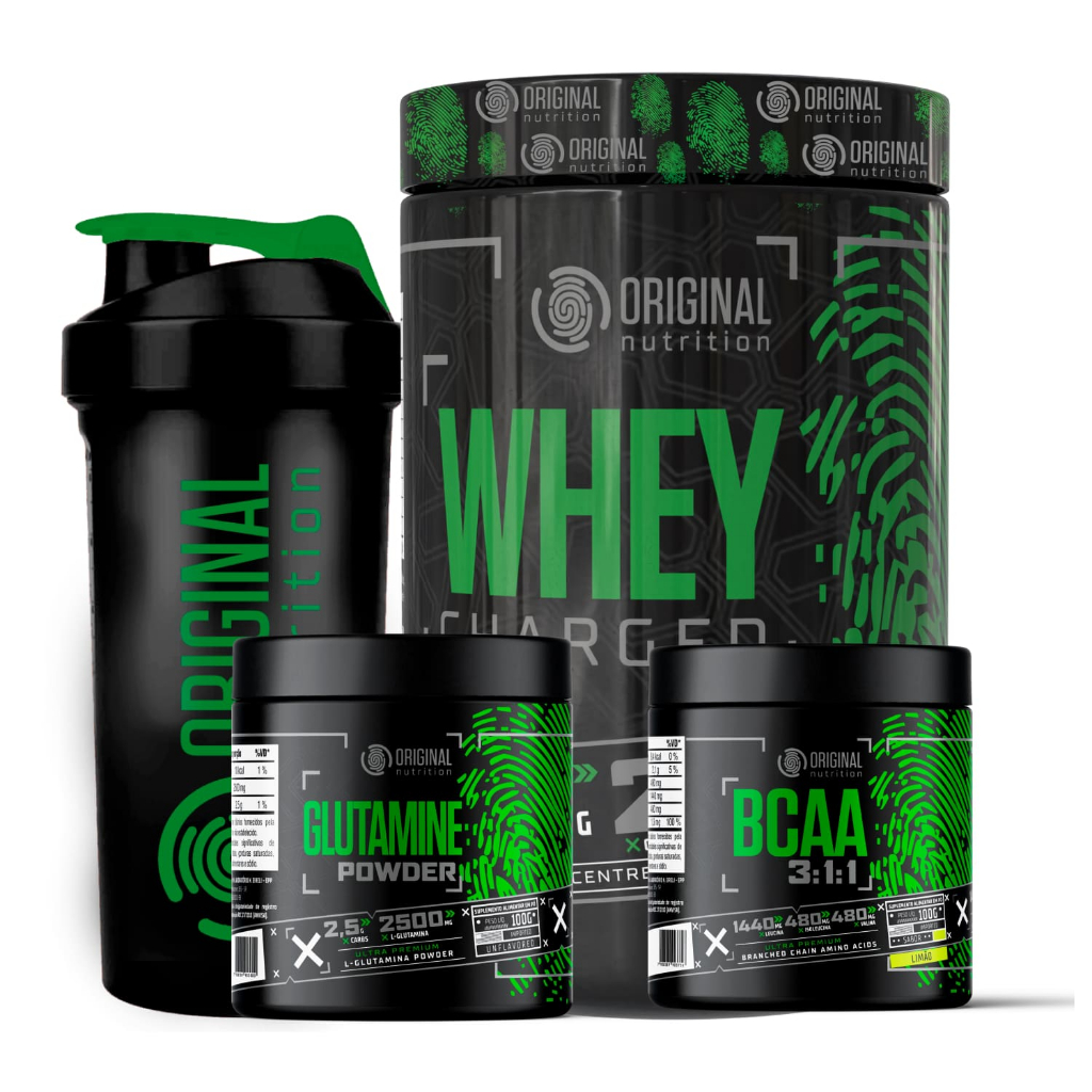 Kit Whey Protein Charged Original + Bcaa + Glutamina + Shaker em Oferta na Shopee