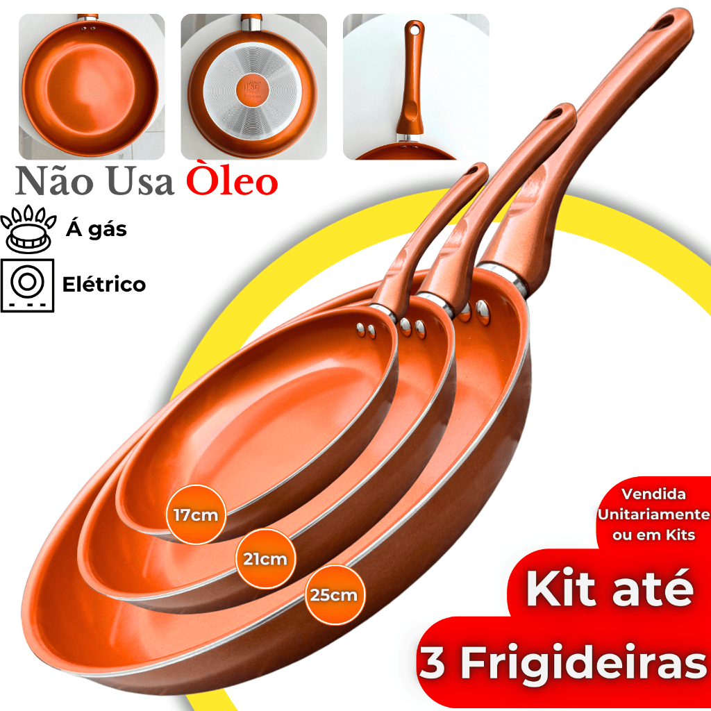 Imagem Kit até 3 Frigideiras Ceramica Antiaderente Fogão Gás Elétrico Profissional Grande Cabo Antitérmico