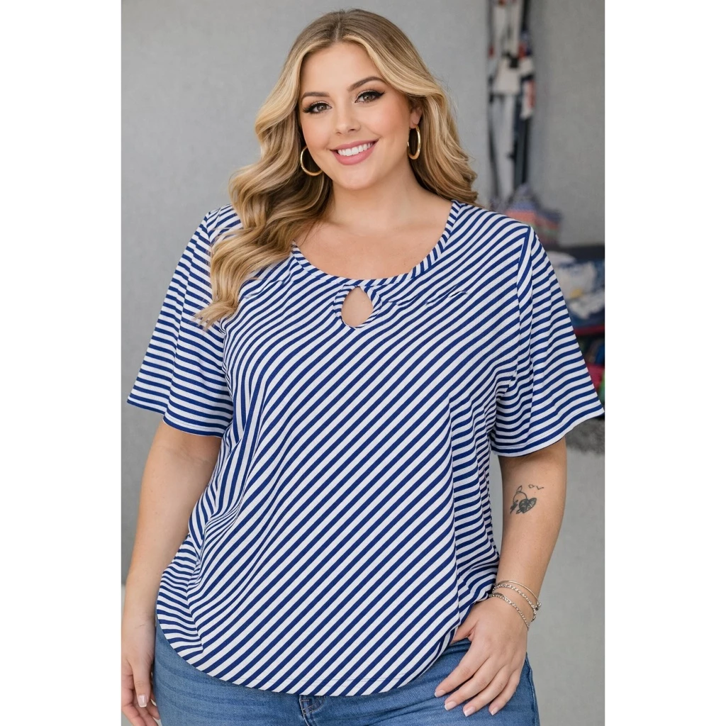 Blusa Plus Size Feminina Listrada Azul e Branco Manga Curta Decote Gota Casual Elegante Confortável — imagem 1