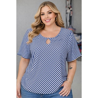 Blusa Plus Size Feminina Listrada Azul e Branco Manga Curta Decote Gota Casual Elegante Confortável em Oferta na Shopee
