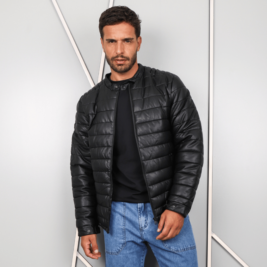 Jaqueta Couro Masculina Forrada Casaco Impermeável Peluciada Bolso Interno Peluciada Zíper Gola Alta