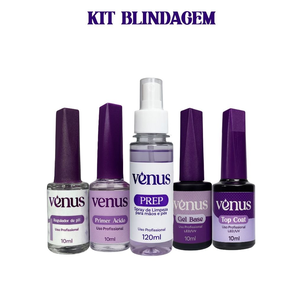 Kit Blindagem Unhas Alongamento Vênus Base Gel Higienizador Regulador de Ph Primer Top Coat