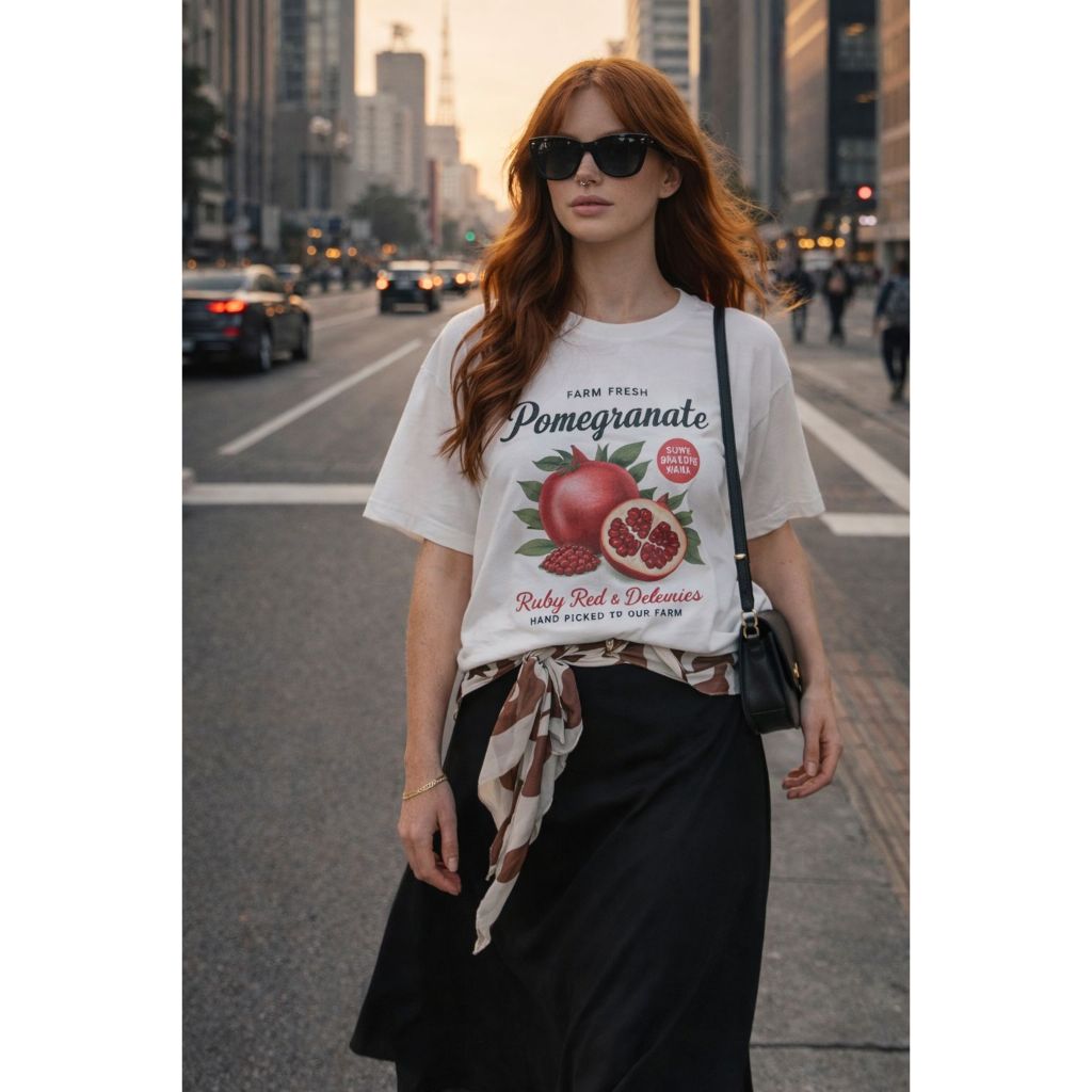 Camiseta Feminina  Estampa Delicada Romã Pomegranete Vintage Moda Casual