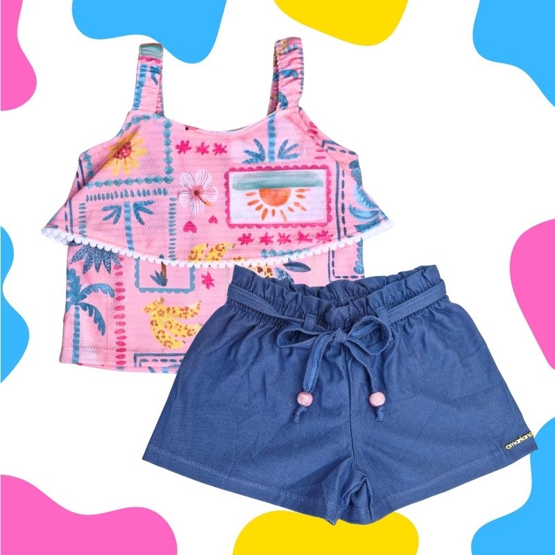 Conjunto Infantil Menina Alakazoo - Blusa Estampa Tropical Verão + Shorts.