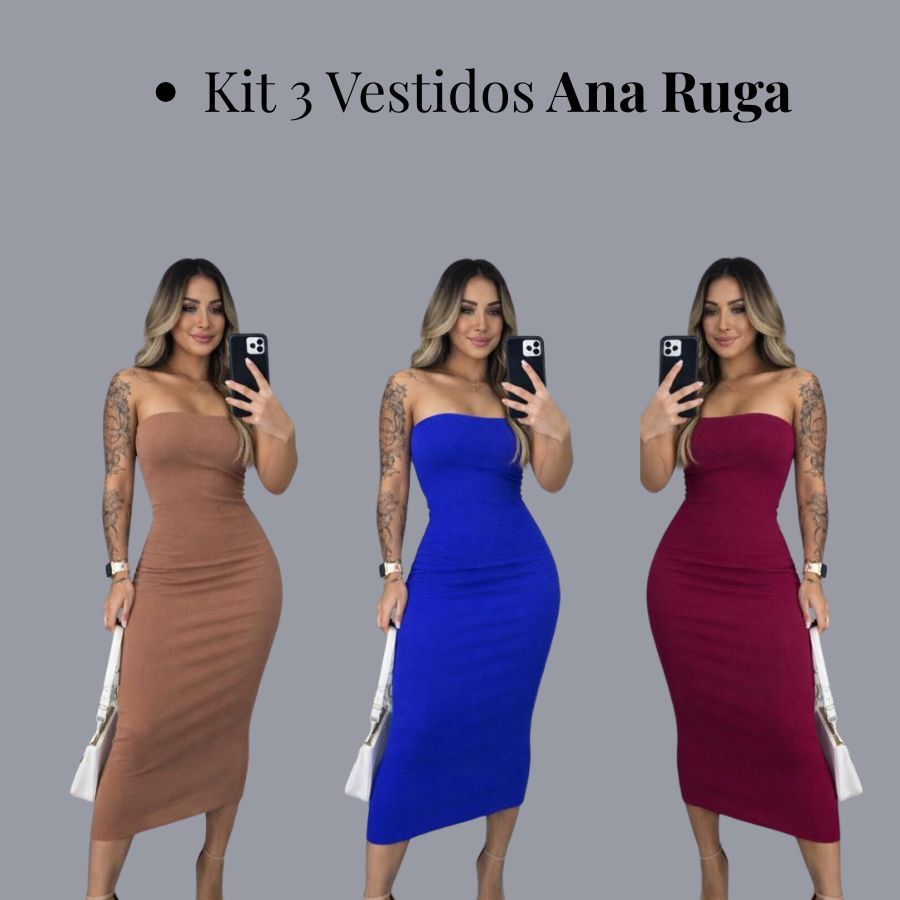 Kit 3 Vestido Midi Tomara Que Caia Canelado Elegância Ousadia Tubinho Anarruga Sensual Modelador