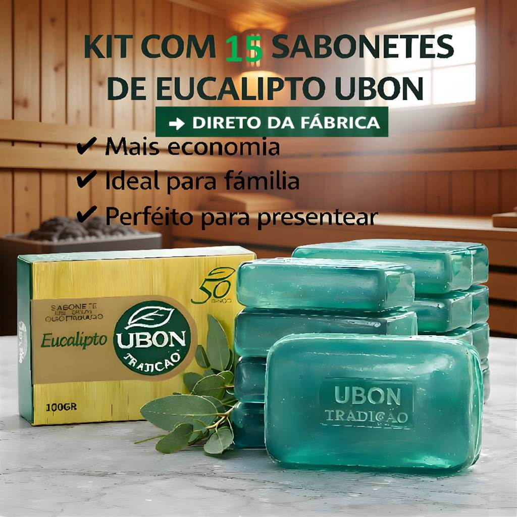 15 Sabonetes Eucalipto Sauna Glicerinados Ubon 100g Suavidade em Barra com Oleos Essenciais Ubon