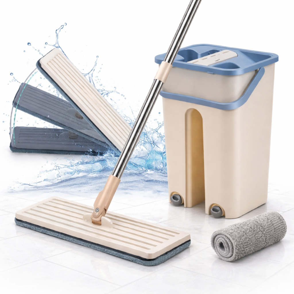 Esfregão Mop Flat com Balde Duplo Lava Seca Microfibra + Cabo Inox Dreno Para Piso Porcelanato