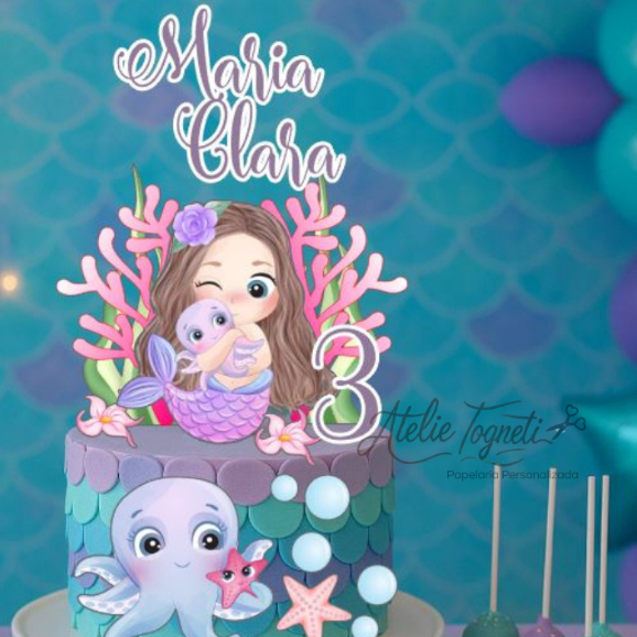 Topo de Bolo Sereia Cute - Decoração Aniversário - Topper de Bolo