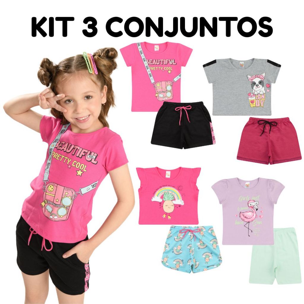 Kit Sortido Conjuntos 4 ao 8 - 6 Peças Roupa Infantil Menina 3 Blusas + 3 Shorts Feminino Verão