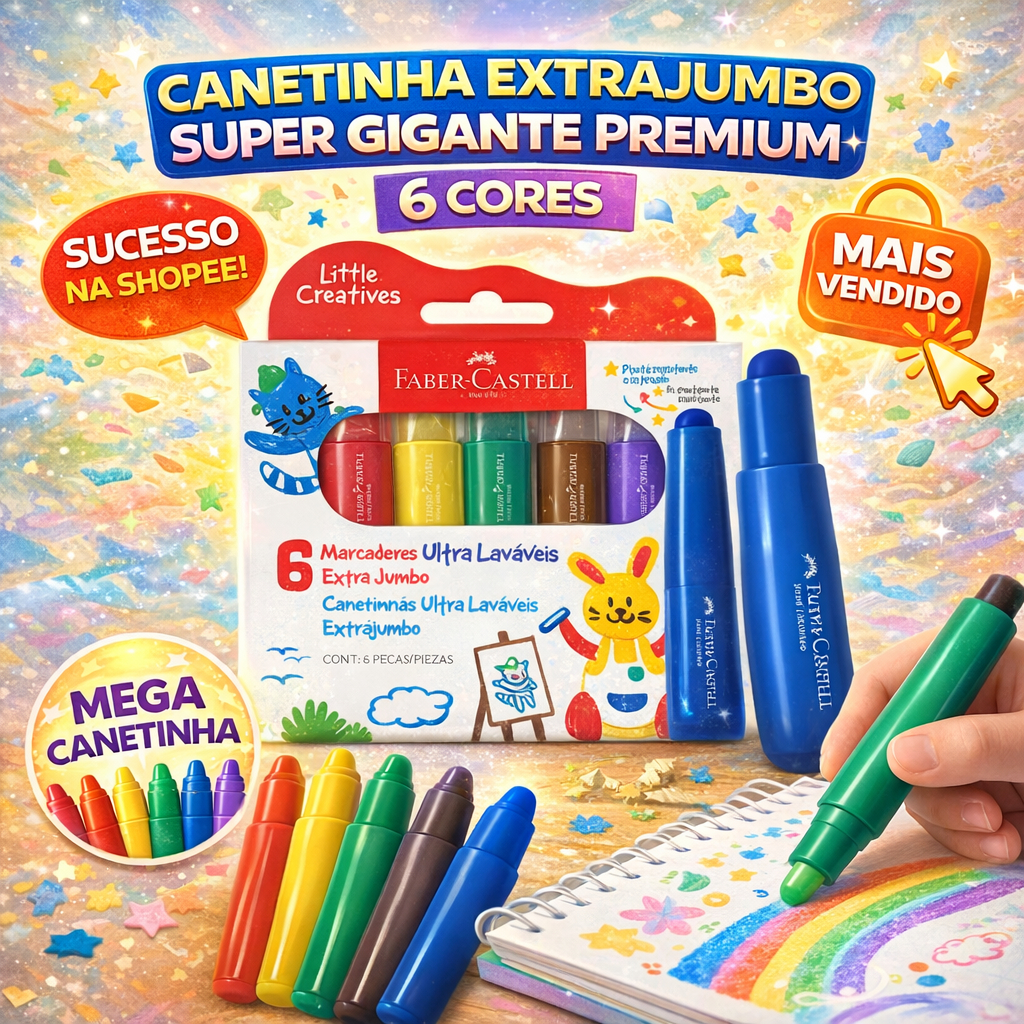 Canetinha Jumbo Faber Castell 6 Cores Ultra Lavável Extrajumbo Infantil Little Creatives