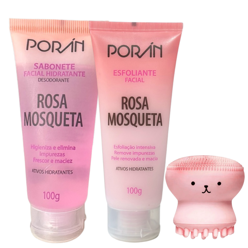 Kit Sabonete, Esfoliante Facial Porán Rosa Mosqueta + Esponja Skincare Rosto Manchas Clareador Rosto em Oferta na Shopee