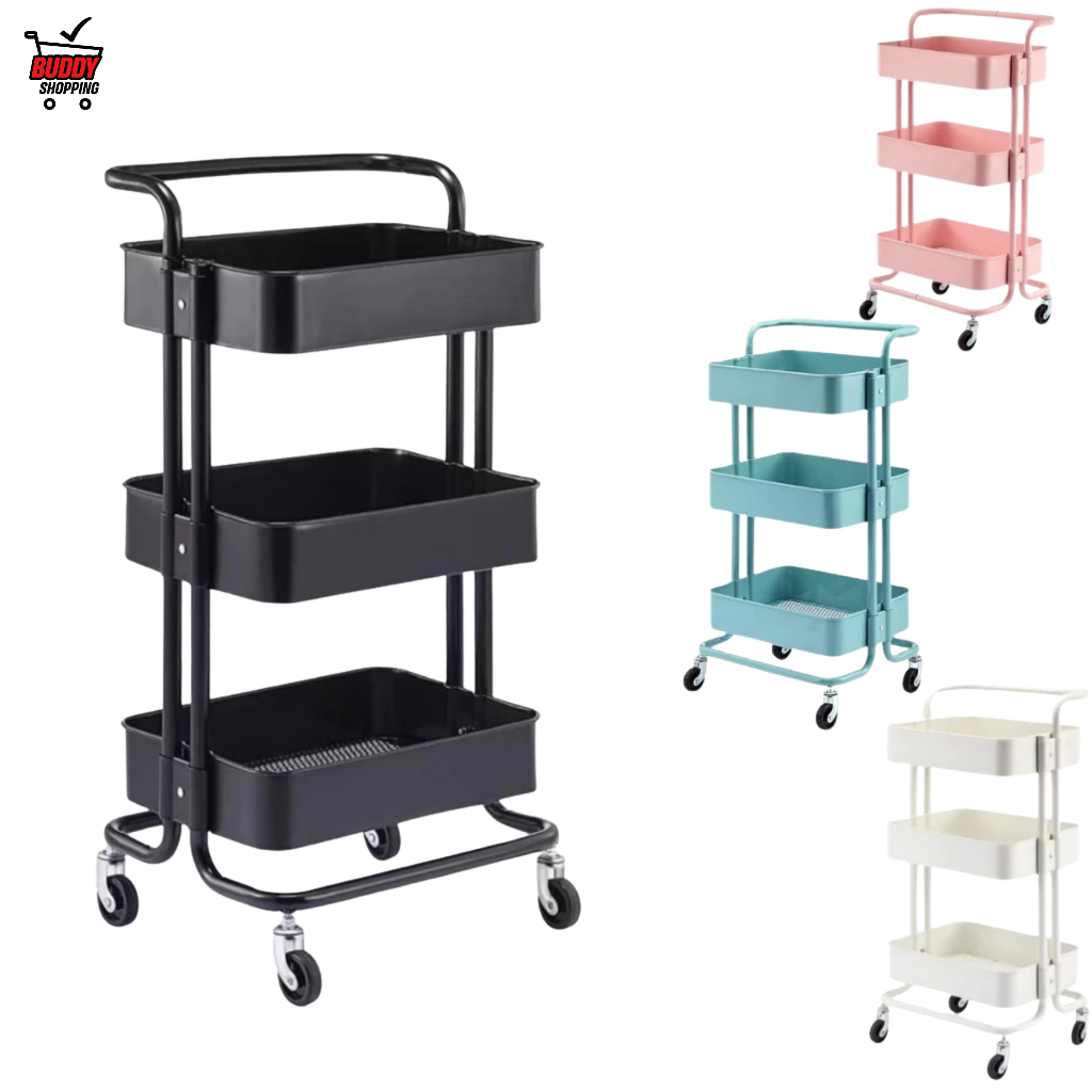 Carrinho Organizador Multiuso 3 Prateleiras e Alça Auxiliar Em Aço Com Rodinha