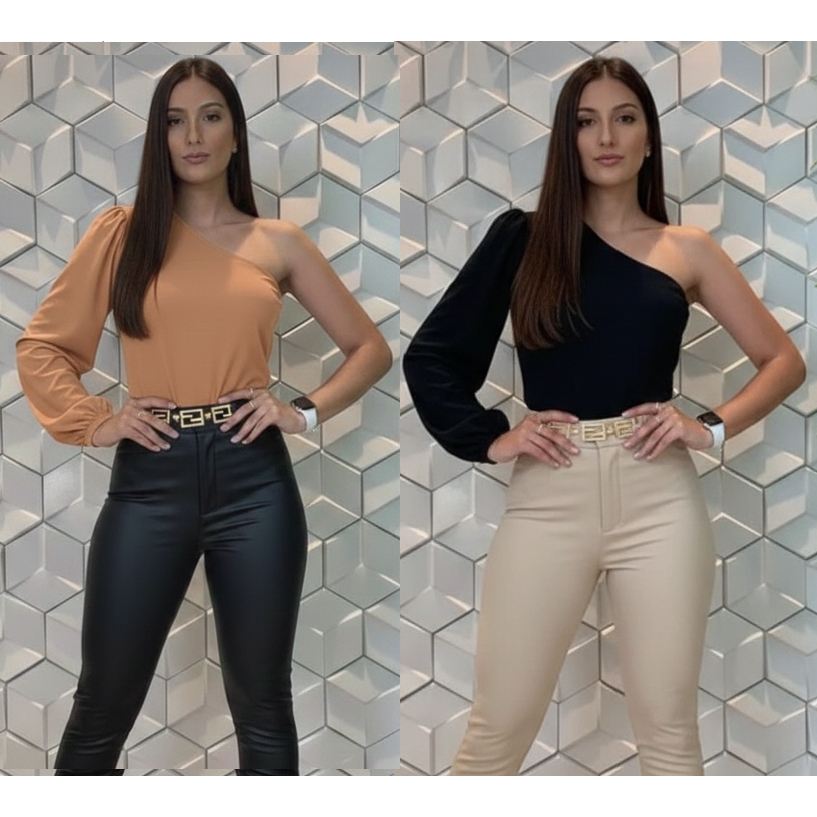 Kit 2 Blusa Feminina Um Ombro Só Alfaiataria Mula Manca Manga Bufante Social Bia