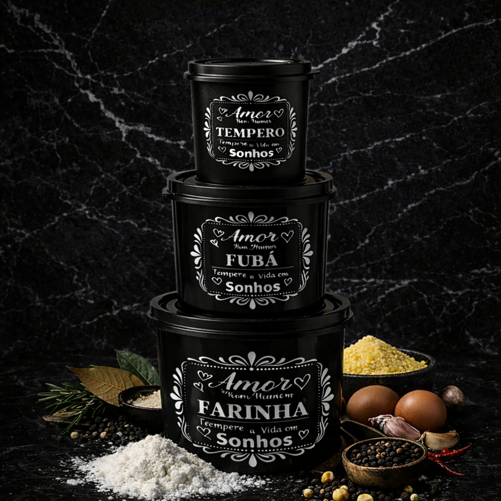 Jogo 3 Potes Porta Mantimentos Preto  Premium CASA  Cozinha Organizada Farinha Fubá Tempero