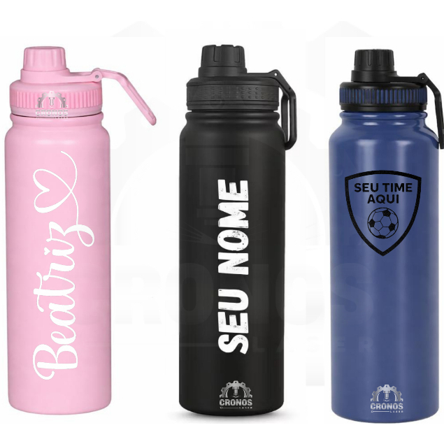 Squeeze Garrafa Térmica Preta 800ml Personalizada com Nome Esportiva Inox Ideal Trabalho Academia Escritório e Viagens