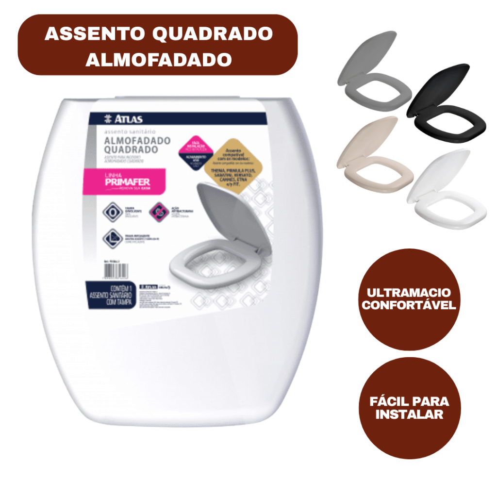 Assento Sanitário Quadrado Almofadado Super Macio + Kit Para Fixação Primafer Atlas Original