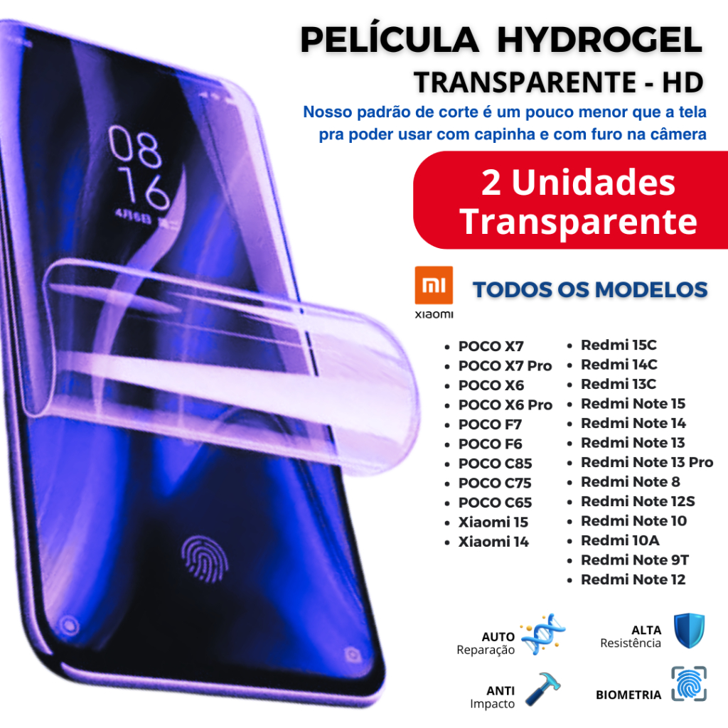 Kit 2 Peças de Película HIDROGEL TRANSPARENTE Premiun para TODOS OS MODELOS XIAOMI POCO e REDMI em Oferta na Shopee