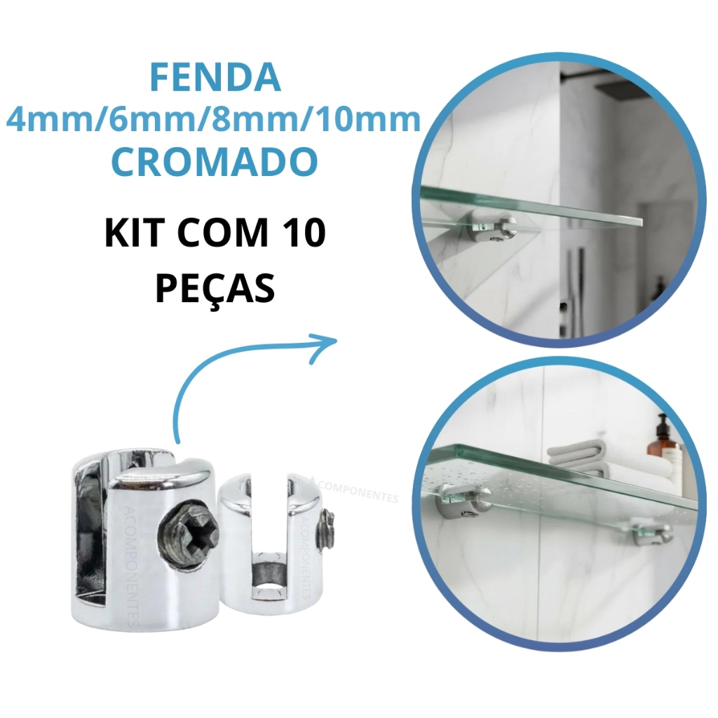 (10uni) Suporte Prateleira Fenda Zamac Cromado 4mm ou 6mm/8mm/10mm Vidro Acrílico