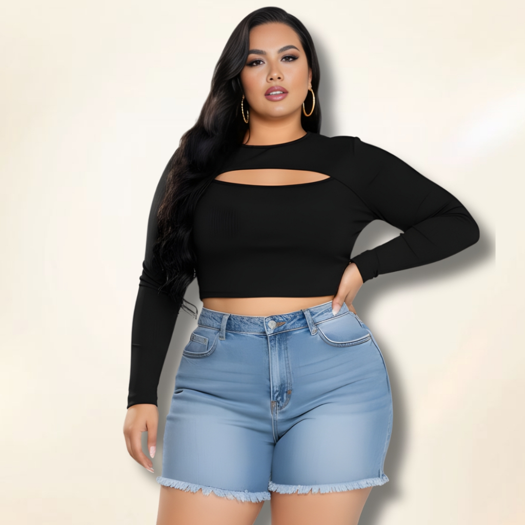 Cropped Feminino Manga Longa Decote Vazado Canelado Premium em Oferta na Shopee