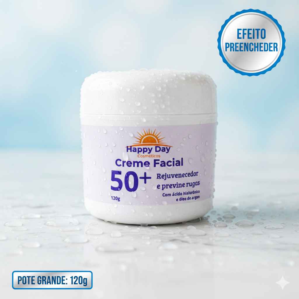 Creme Anti-Idade 50+ Ácido Hialurônico 120g - Preenchimento de Rugas e Hidratação Intensa Happy Day