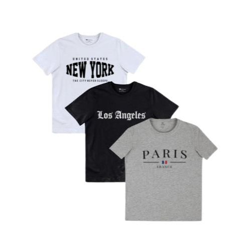 Conjunto 3 Camiseta Infantil Unissex Cor Branco Preto e Cinza Com Estampas Variadas Material 100% Algodão Tamanho 2-14