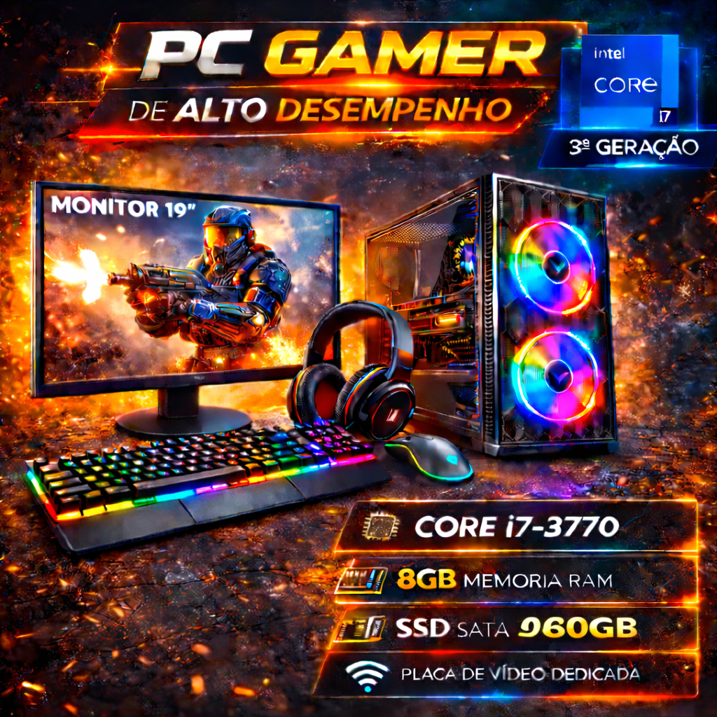 Computador Gamer Completo - i7 3.4Ghz - 8GB RAM - SSD 960GB - Placa de Vídeo 4GB - Monitor 19"