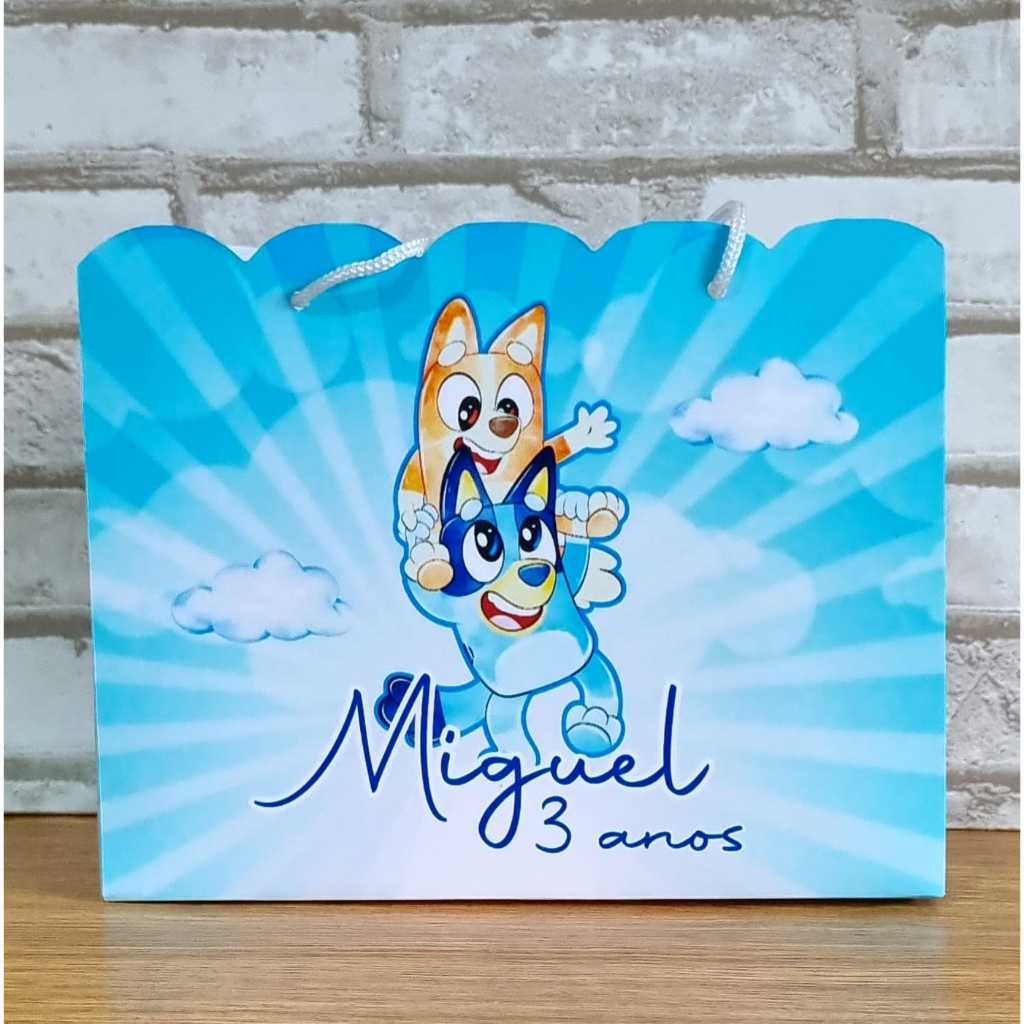 Sacola de Papel Personalizada Tema Bluey para Lembrancinha Festa Aniversário Infantil Tamanho M com Nome e Idade