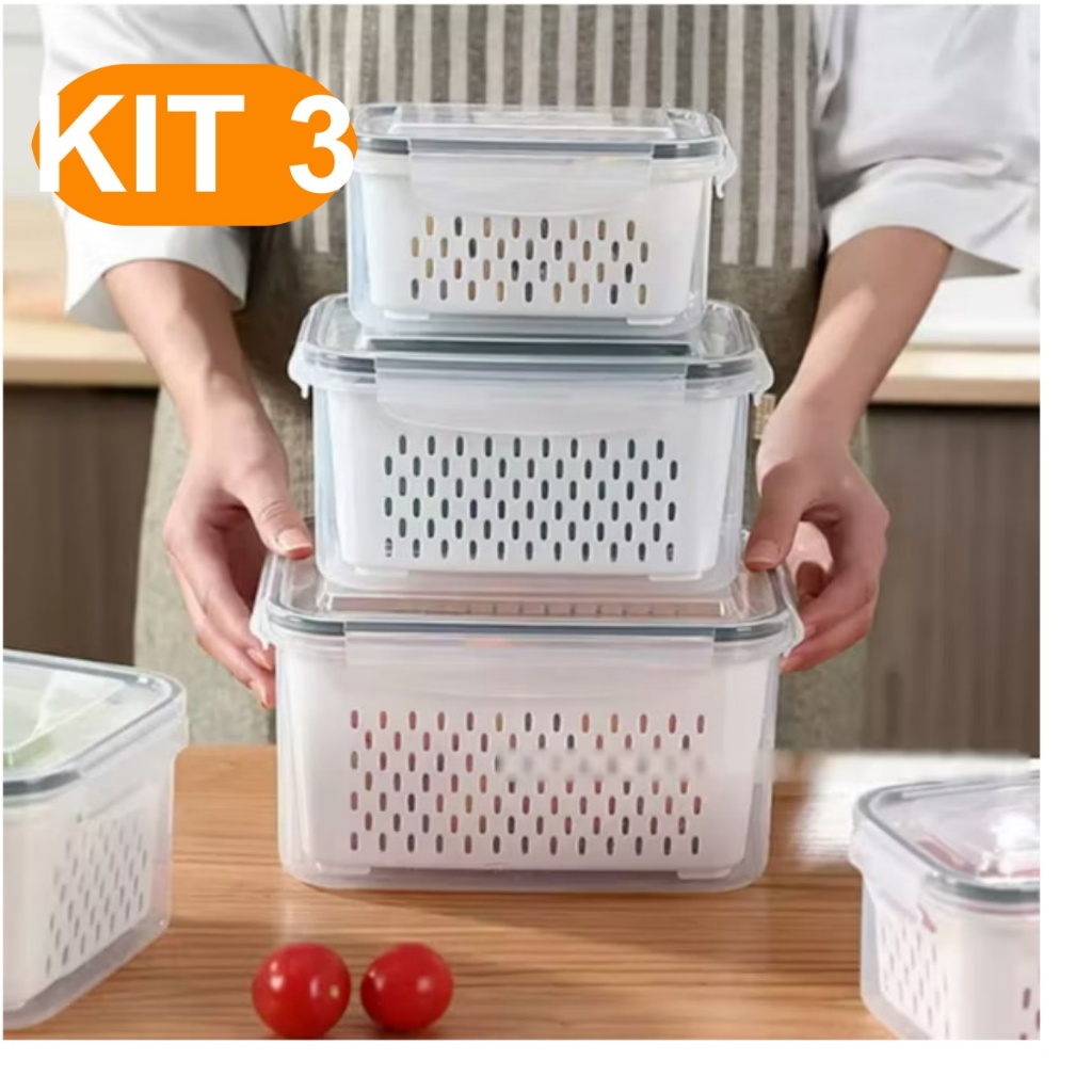 Imagem Kit 3 potes herméticos com tampa de vedação segura e design empilhável para geladeira