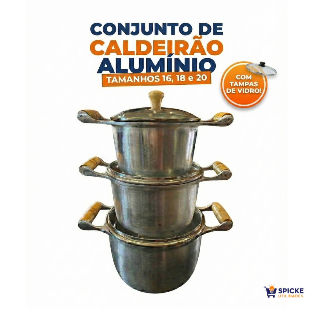 Kit 3 Peças Jogo Caldeirao Panela Aluminio Batido Fundido 16 18 20 Tampa Vidro Sopa Feijoada Caldo