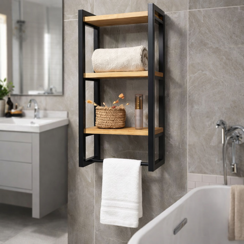 Prateleira de Parede Estilo Industrial para Banheiro | Metalon com Pintura Eletrostática e MDF Amadeirado de Alta Resist